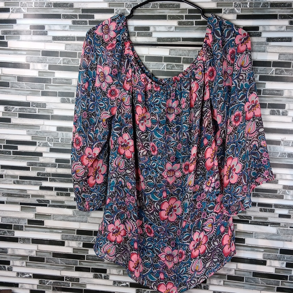 Express L Boho Floral Blouse Sheer Flowy Pullover Scoop Neck Neon Spring